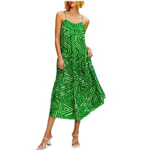 NWT SZ 2 MANGO Kelly Green Print Ruffle MIDI Sundress❣️